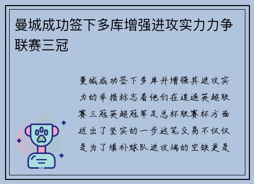 曼城成功签下多库增强进攻实力力争联赛三冠