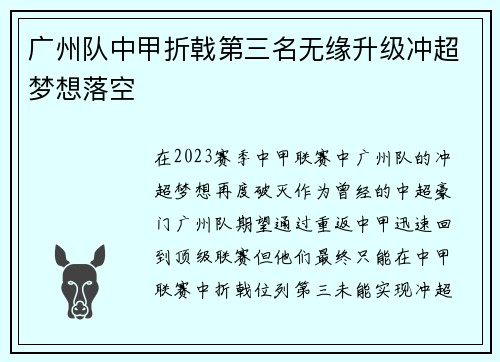 广州队中甲折戟第三名无缘升级冲超梦想落空